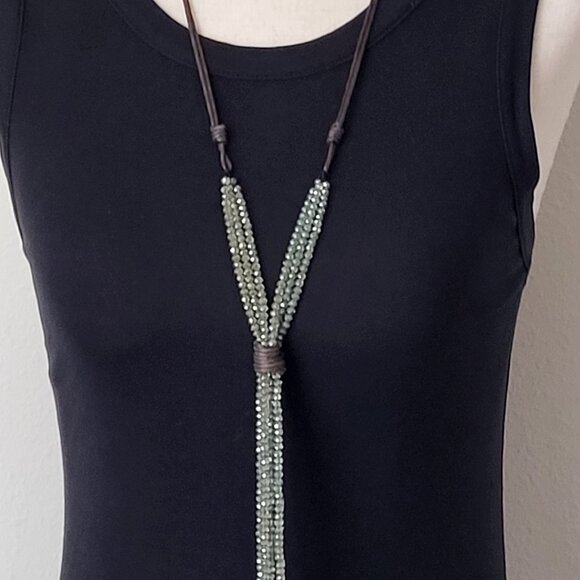 Boho Drop Tassel Necklace Cord & Crystal Bead Green AB Crystals - Picture 1 of 12